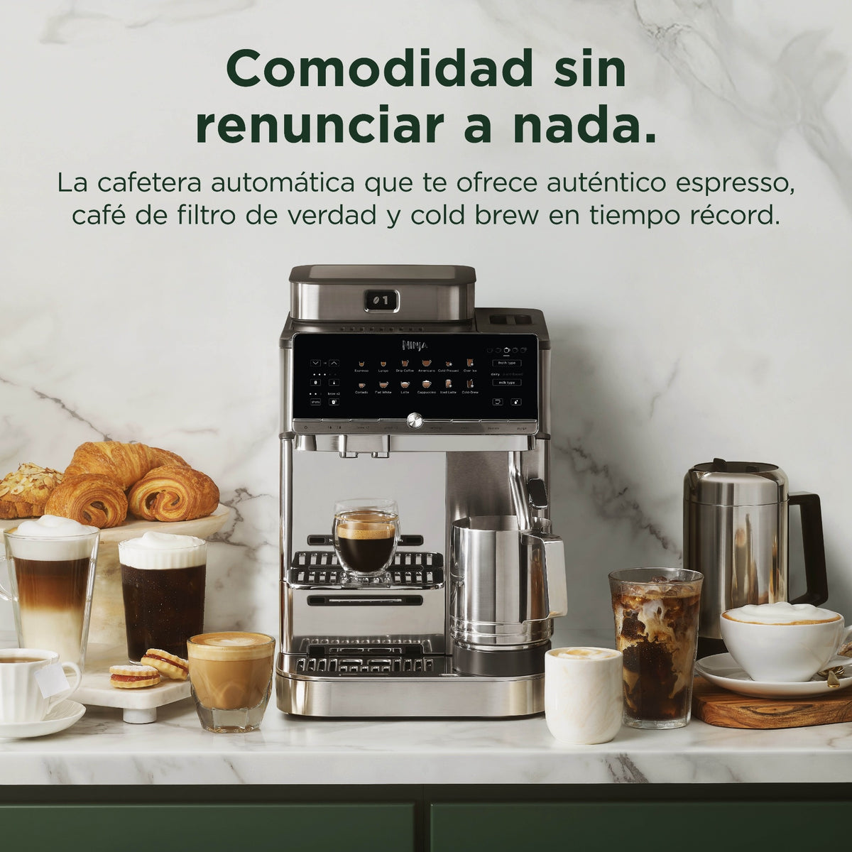 Ninja AutoBarista Pro en una cocina, con espresso, café de filtro, cold brew y bebidas con leche