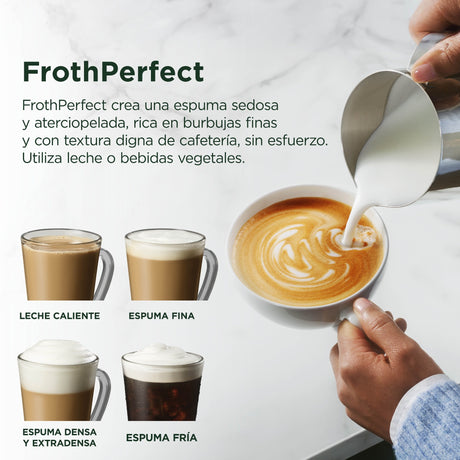FrothPerfect de la Ninja AutoBarista Pro: leche caliente, espuma fina, espuma densa y extradensa, y espuma fría