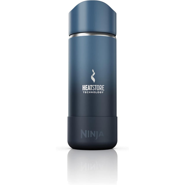 Imagen de la taza de viaje Ninja Sip Perfect 16 oz en acero inoxidable, con tecnología HeatStore™ que ajusta y mantiene la temperatura de las bebidas, tapa antifugas y diseño portátil para disfrutar café o té caliente en cualquier lugar.