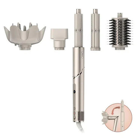 Imagen del sistema Shark FlexStyle® HD435, que permite transformar la secadora de cabello en un multiestilizador con un solo giro. Incluye accesorios para rizar, alisar, dar volumen y secar, siendo ligero, potente y seguro contra daños por calor extremo.